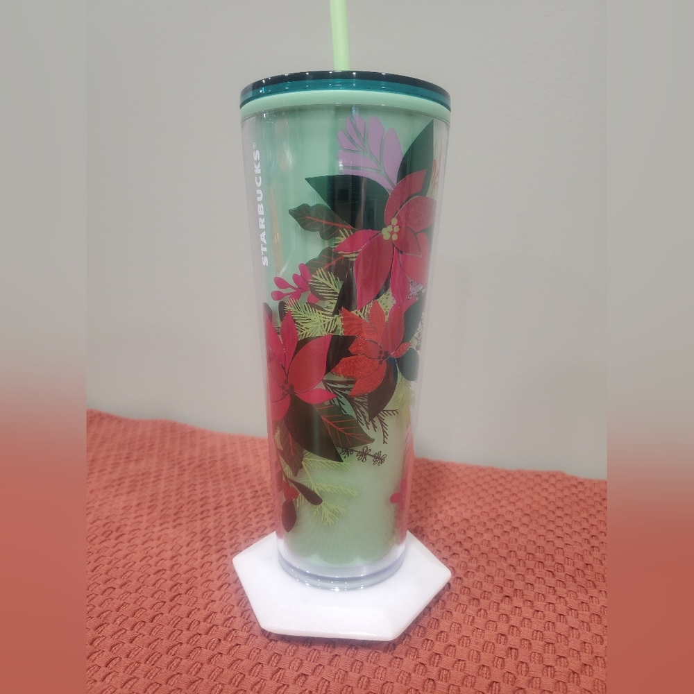 Starbucks Holiday Red And Mint Green Floral Tumbler